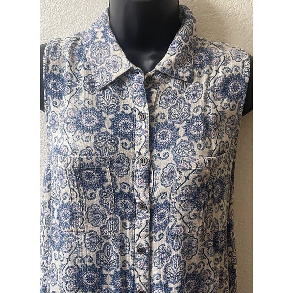 En Creme Womens Tunic Sz M Blue Floral/Paisley Sleeveless Button down Blouse - Picture 3 of 7